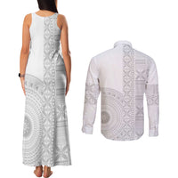 Niue White Sunday Couples Matching Tank Maxi Dress and Long Sleeve Button Shirt Half Hiapo Pattern Vibes - Polynesian Pride