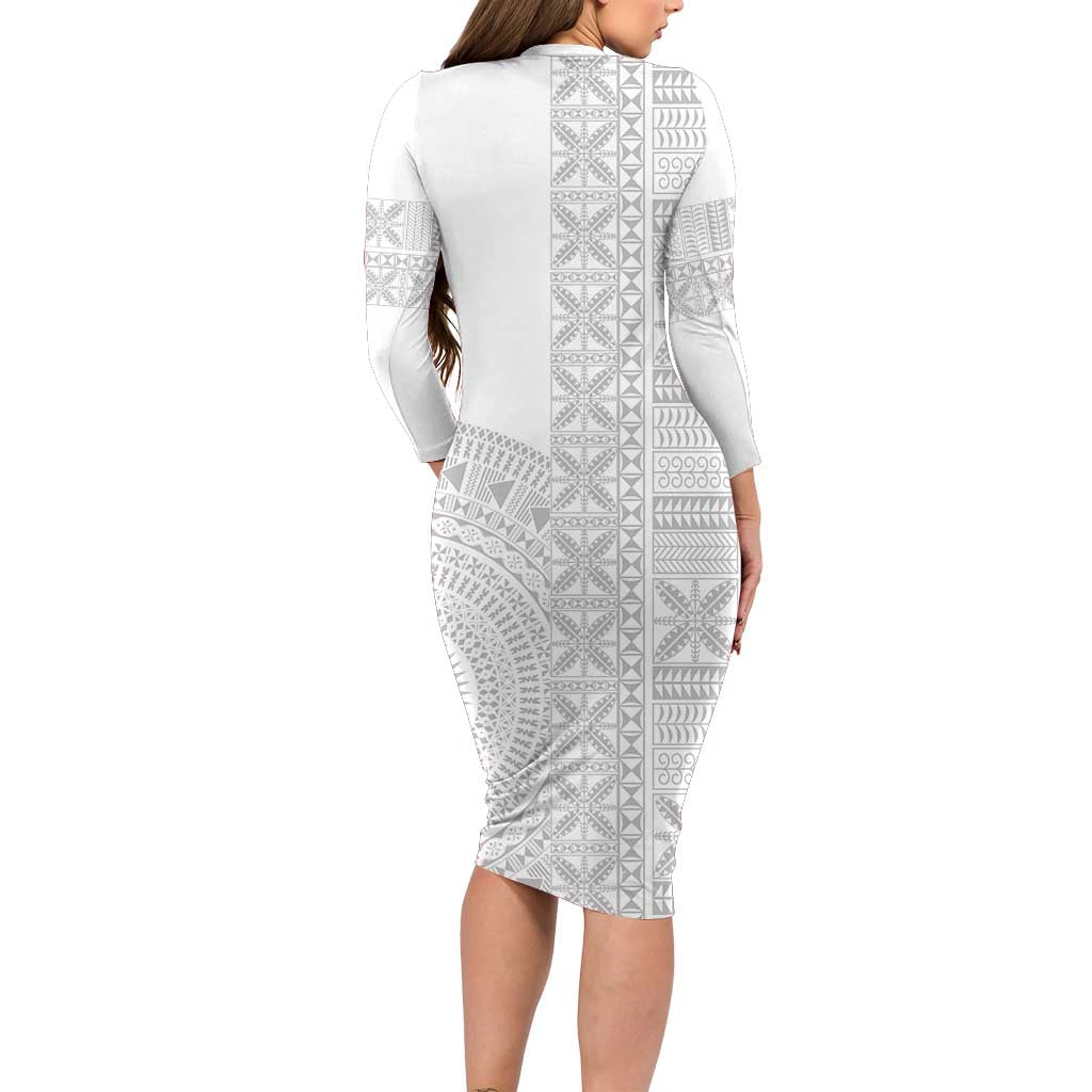 Niue White Sunday Family Matching Long Sleeve Bodycon Dress and Hawaiian Shirt Half Hiapo Pattern Vibes - Polynesian Pride
