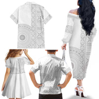 Niue White Sunday Family Matching Off The Shoulder Long Sleeve Dress and Hawaiian Shirt Half Hiapo Pattern Vibes - Polynesian Pride