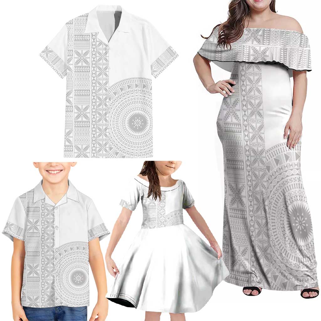 Niue White Sunday Family Matching Off Shoulder Maxi Dress and Hawaiian Shirt Half Hiapo Pattern Vibes - Polynesian Pride