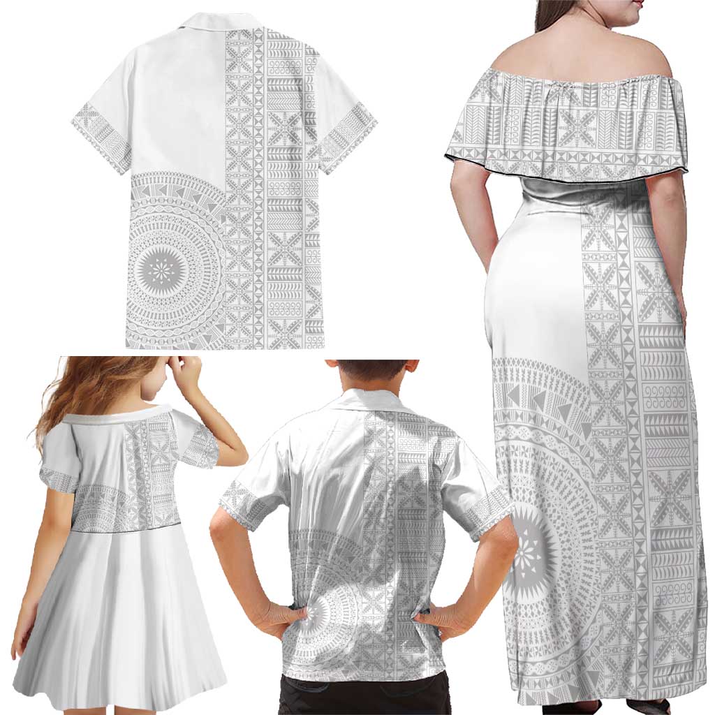 Niue White Sunday Family Matching Off Shoulder Maxi Dress and Hawaiian Shirt Half Hiapo Pattern Vibes - Polynesian Pride