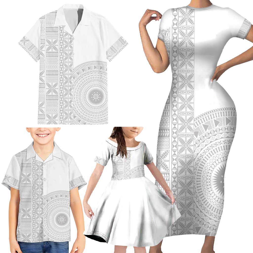 Niue White Sunday Family Matching Short Sleeve Bodycon Dress and Hawaiian Shirt Half Hiapo Pattern Vibes - Polynesian Pride