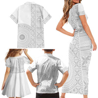 Niue White Sunday Family Matching Short Sleeve Bodycon Dress and Hawaiian Shirt Half Hiapo Pattern Vibes - Polynesian Pride