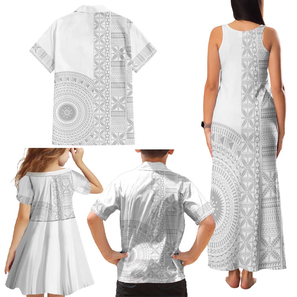 Niue White Sunday Family Matching Tank Maxi Dress and Hawaiian Shirt Half Hiapo Pattern Vibes - Polynesian Pride