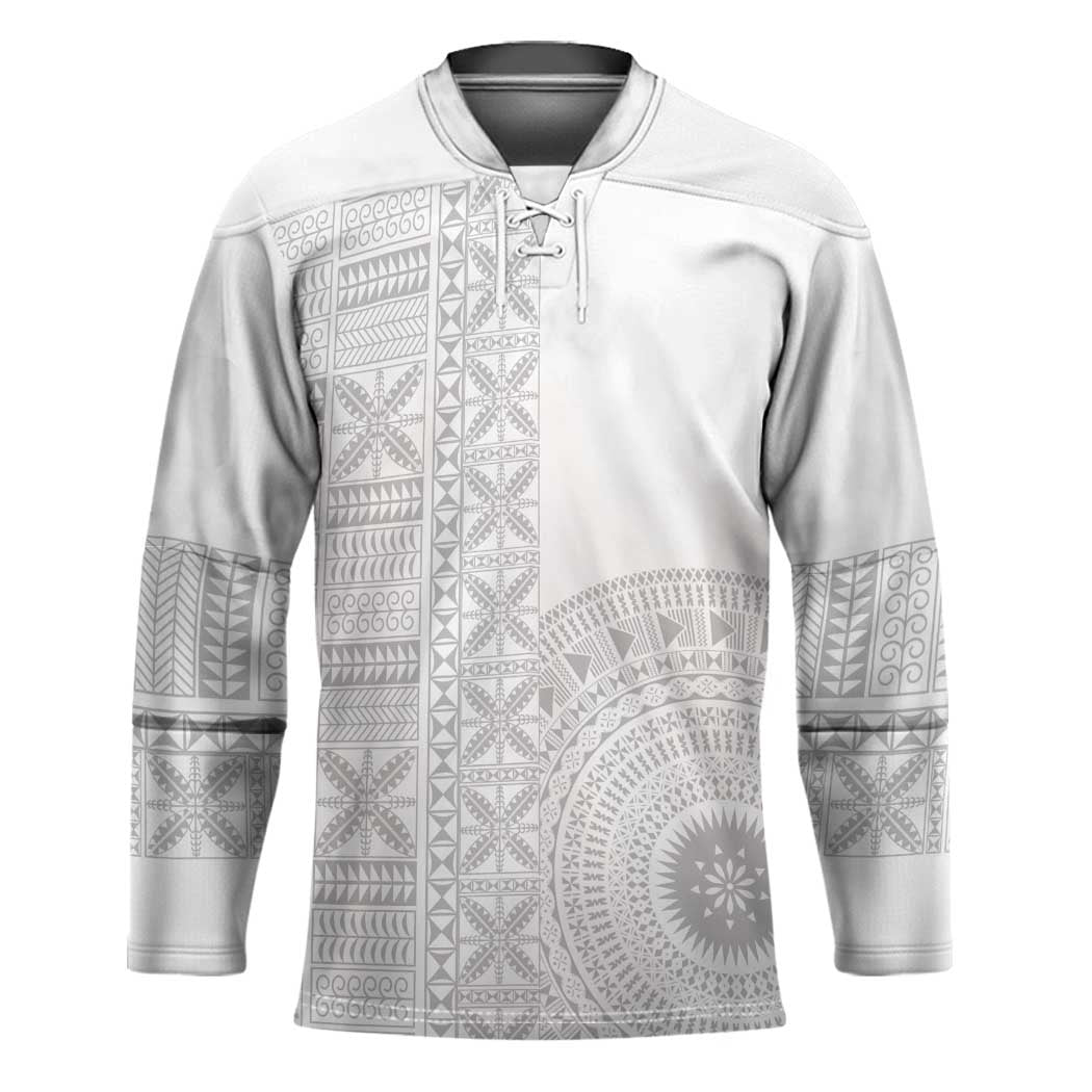Niue White Sunday Hockey Jersey Half Hiapo Pattern Vibes - Polynesian Pride