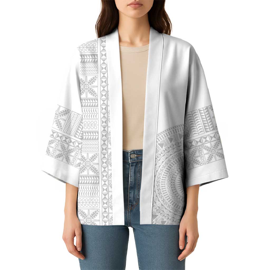 Niue White Sunday Kimono Half Hiapo Pattern Vibes - Polynesian Pride