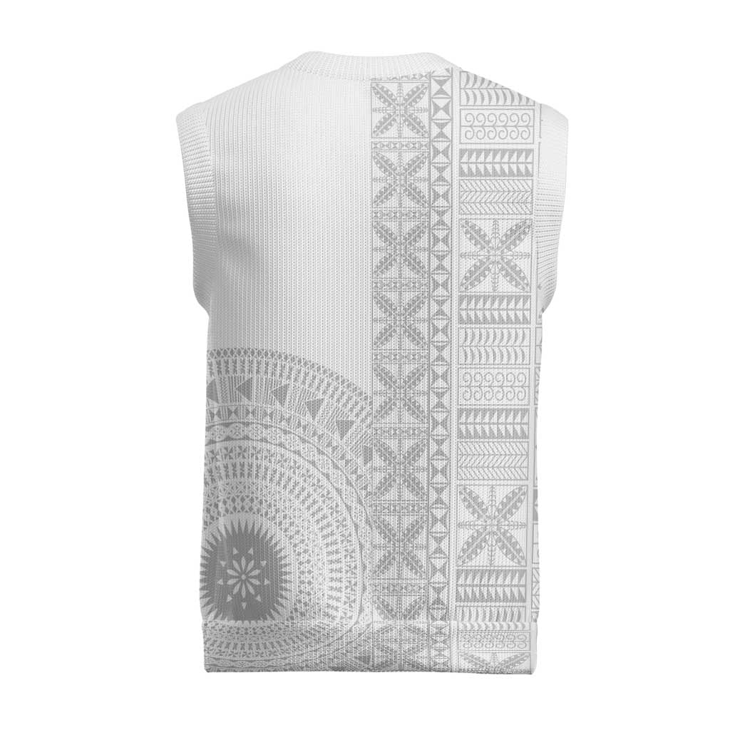 Niue White Sunday Christmas Knitted V-Neck Vest Half Hiapo Pattern Vibes - Polynesian Pride