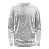 Niue White Sunday Long Sleeve Shirt Half Hiapo Pattern Vibes - Polynesian Pride