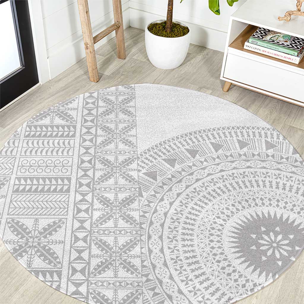 Niue White Sunday Round Carpet Half Hiapo Pattern Vibes - Polynesian Pride