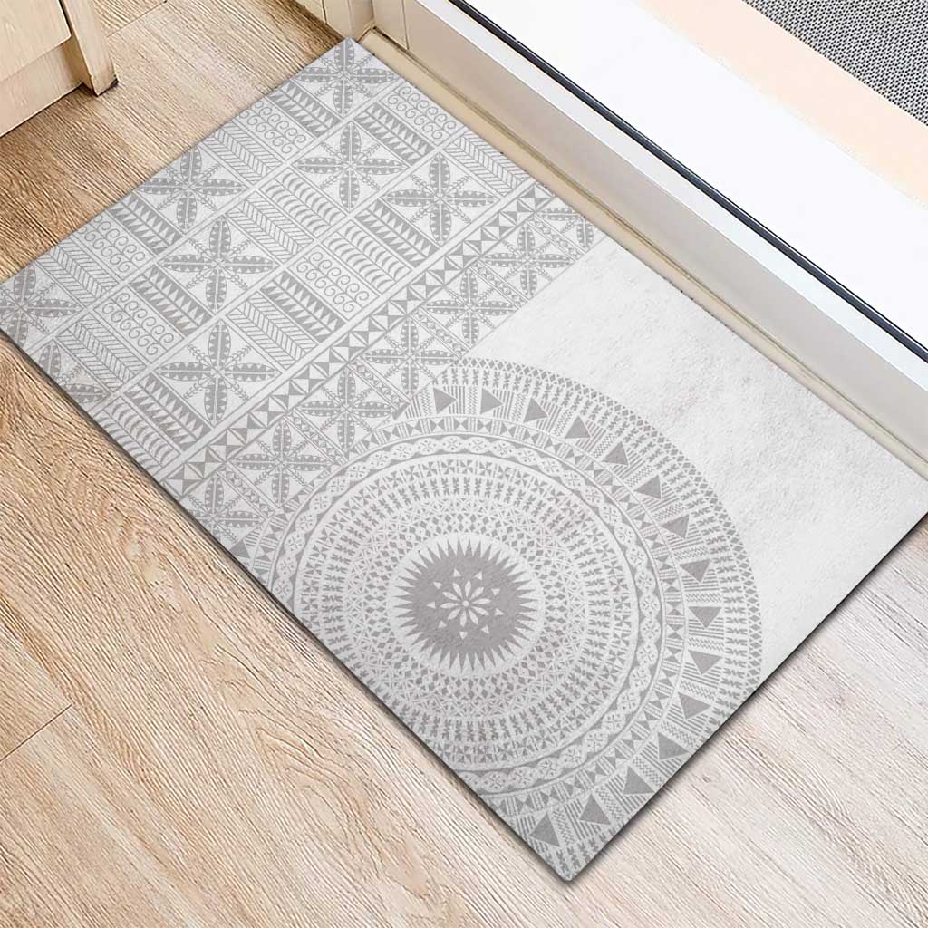 Niue White Sunday Rubber Doormat Half Hiapo Pattern Vibes - Polynesian Pride