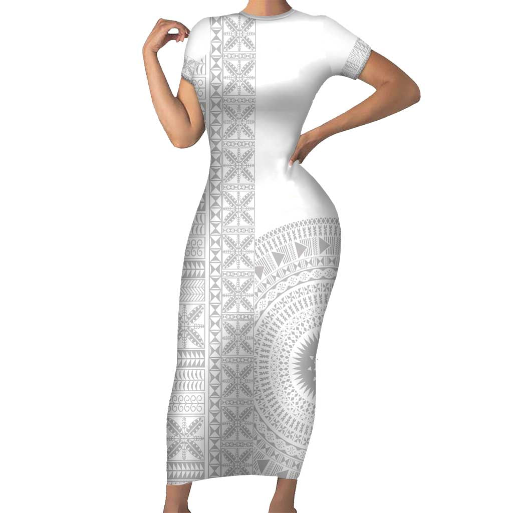 Niue White Sunday Short Sleeve Bodycon Dress Half Hiapo Pattern Vibes - Polynesian Pride