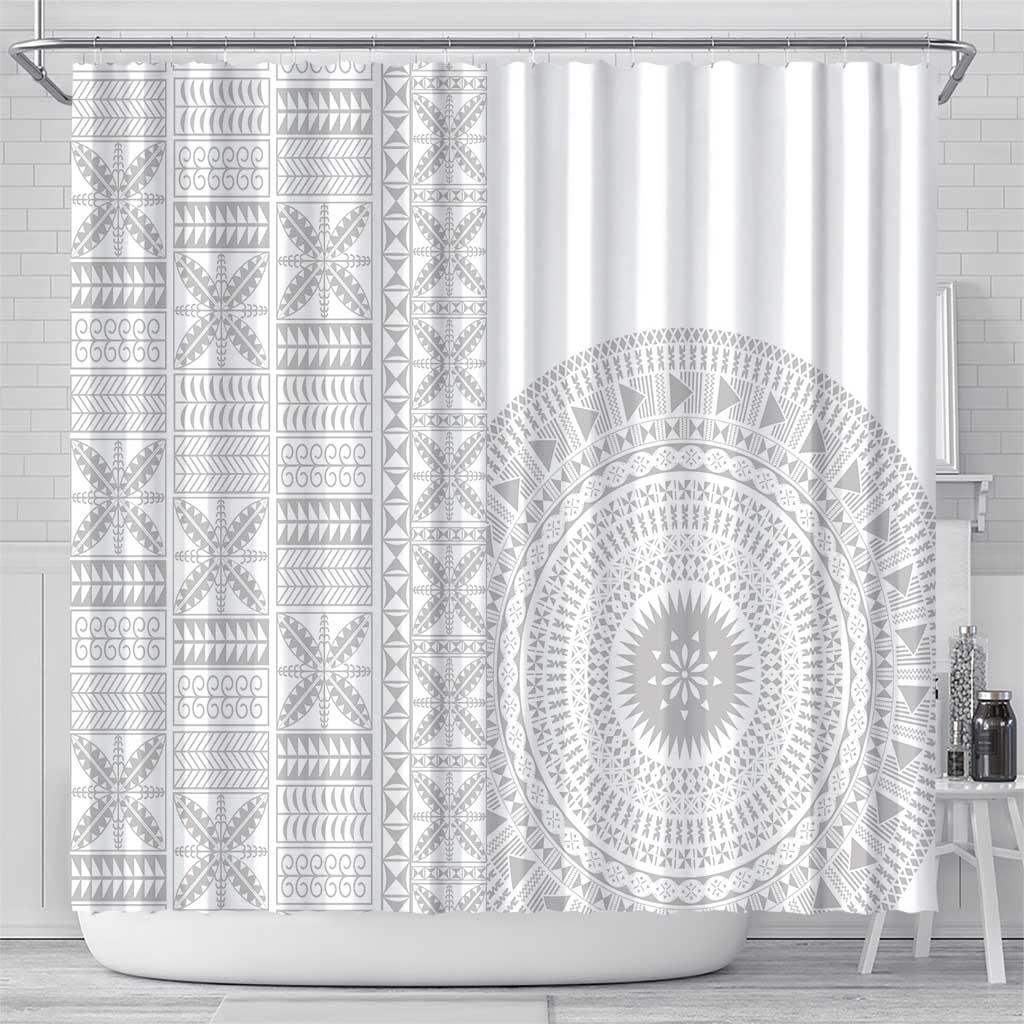 Niue White Sunday Shower Curtain Half Hiapo Pattern Vibes - Polynesian Pride