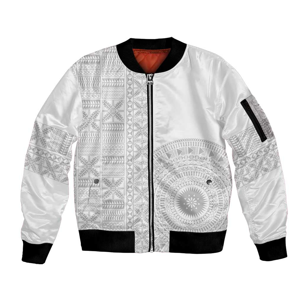 Niue White Sunday Sleeve Zip Bomber Jacket Half Hiapo Pattern Vibes - Polynesian Pride