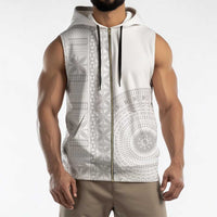 Niue White Sunday Sleeveless Zip Hoodie Half Hiapo Pattern Vibes - Polynesian Pride