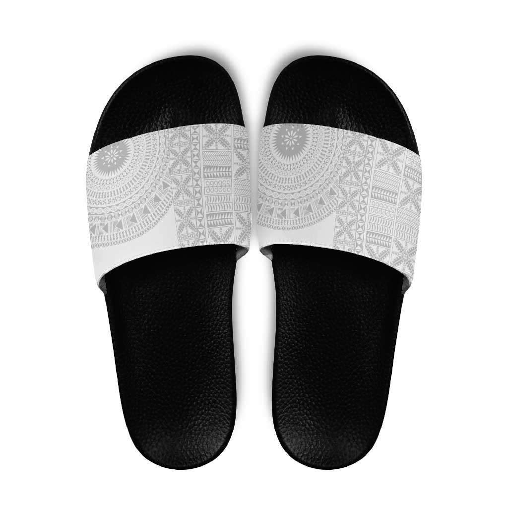 Niue White Sunday Slide Sandals Half Hiapo Pattern Vibes - Polynesian Pride