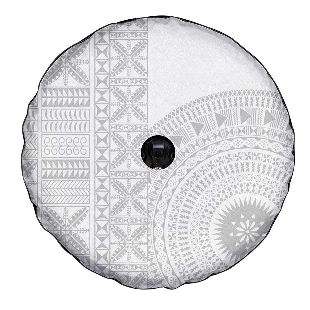 Niue White Sunday Spare Tire Cover Half Hiapo Pattern Vibes - Polynesian Pride