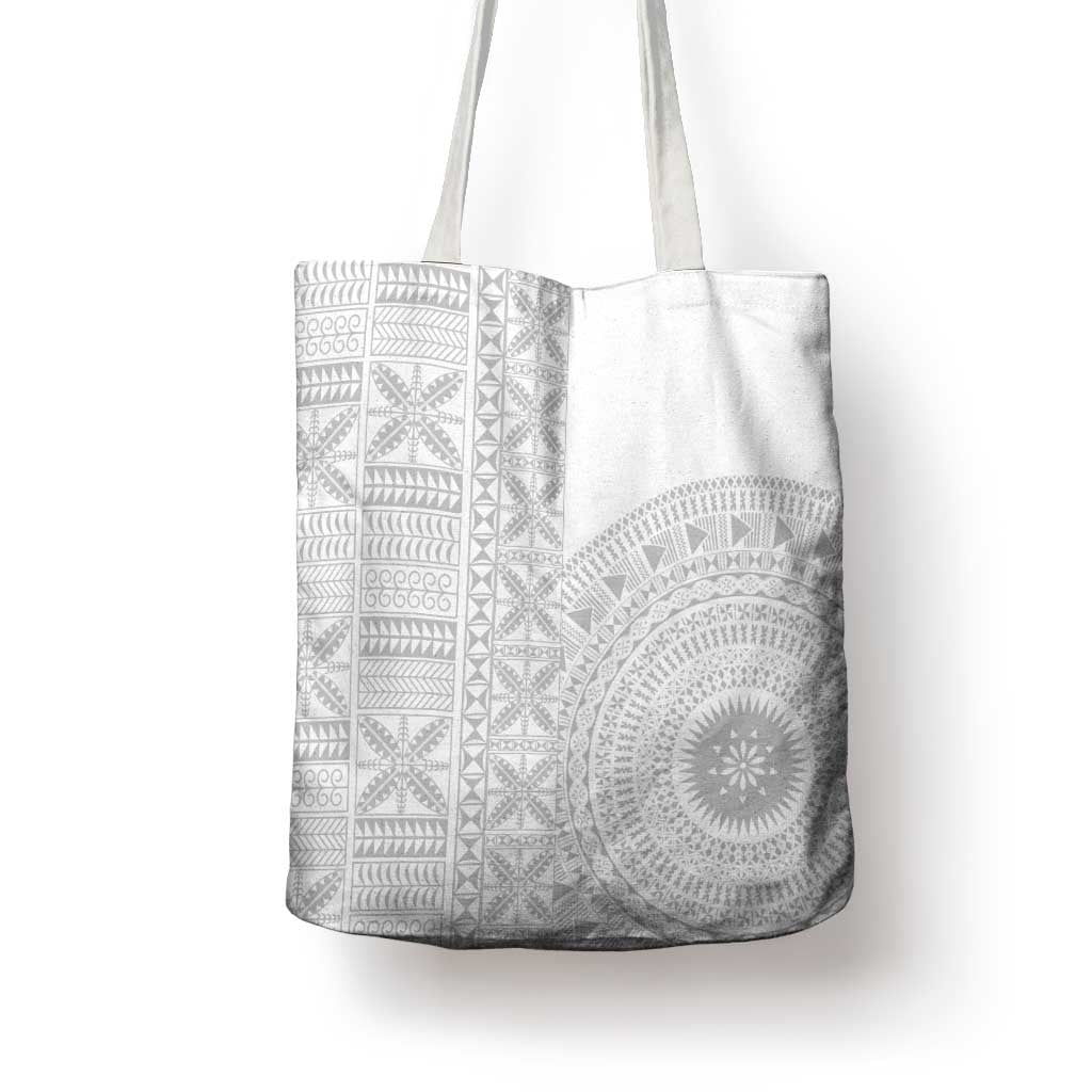 Niue White Sunday Tote Bag Half Hiapo Pattern Vibes - Polynesian Pride