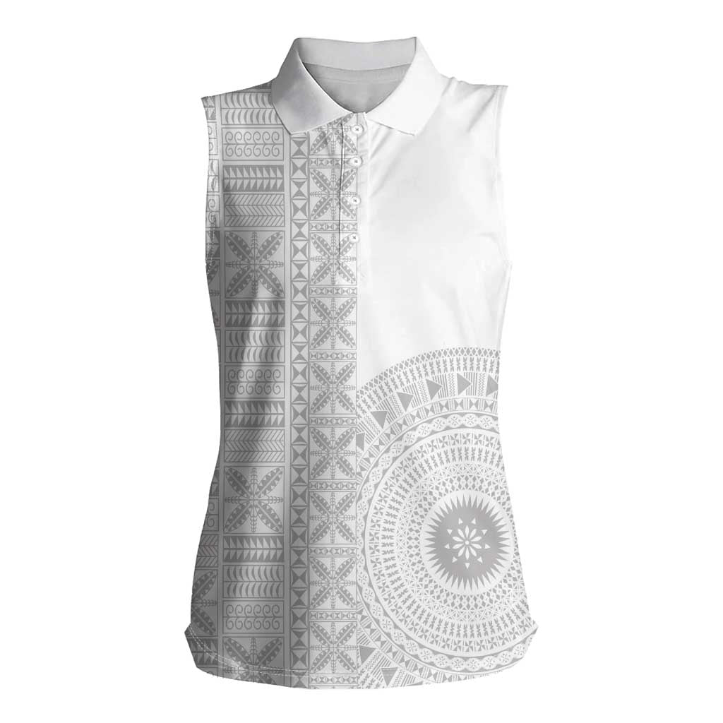 Niue White Sunday Women Sleeveless Polo Shirt Half Hiapo Pattern Vibes - Polynesian Pride
