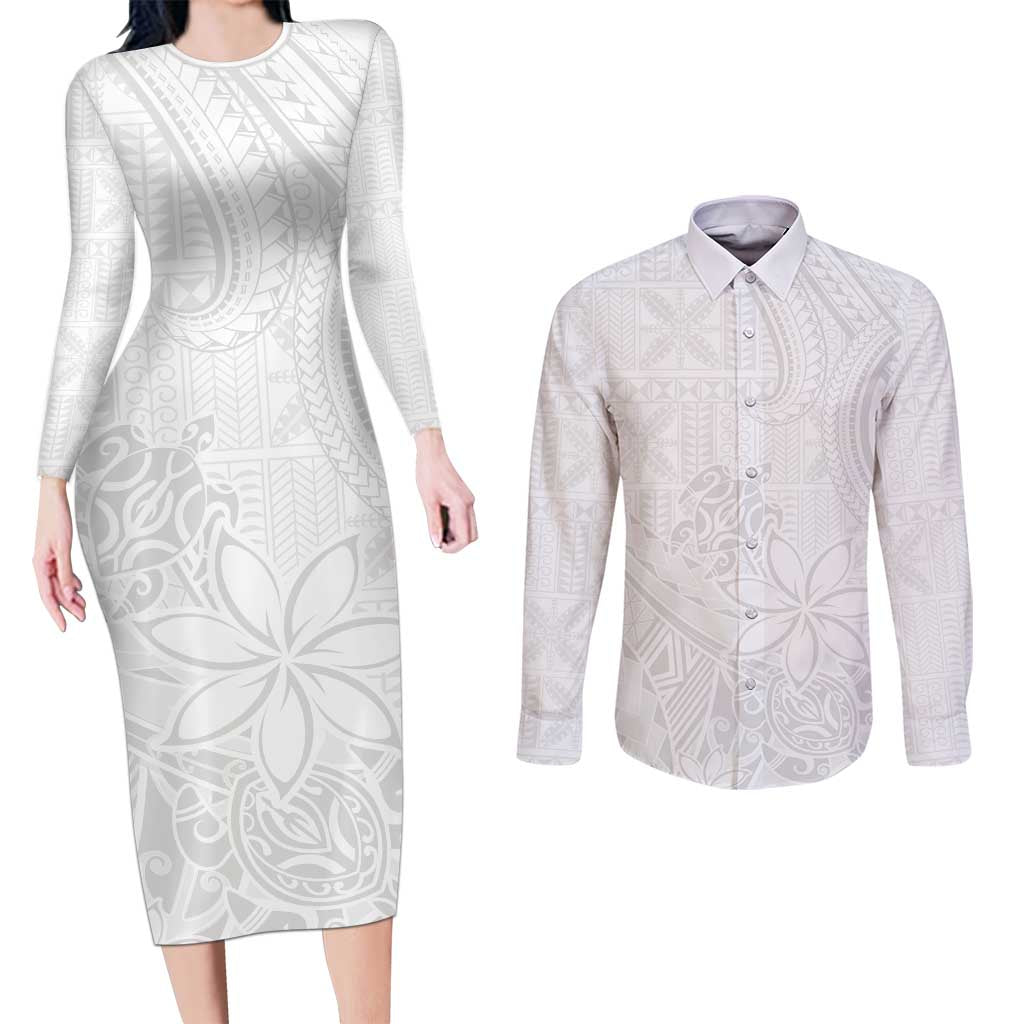 Tapu Fanau Ia Niue Couples Matching Long Sleeve Bodycon Dress and Long Sleeve Button Shirt Happy White Sunday Unique Hiapo - Polynesian Pride