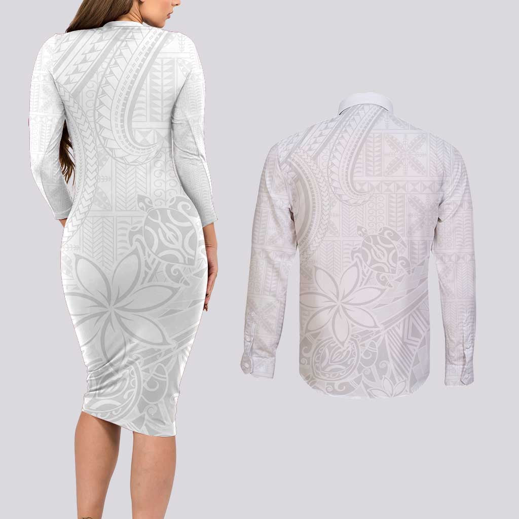 Tapu Fanau Ia Niue Couples Matching Long Sleeve Bodycon Dress and Long Sleeve Button Shirt Happy White Sunday Unique Hiapo - Polynesian Pride