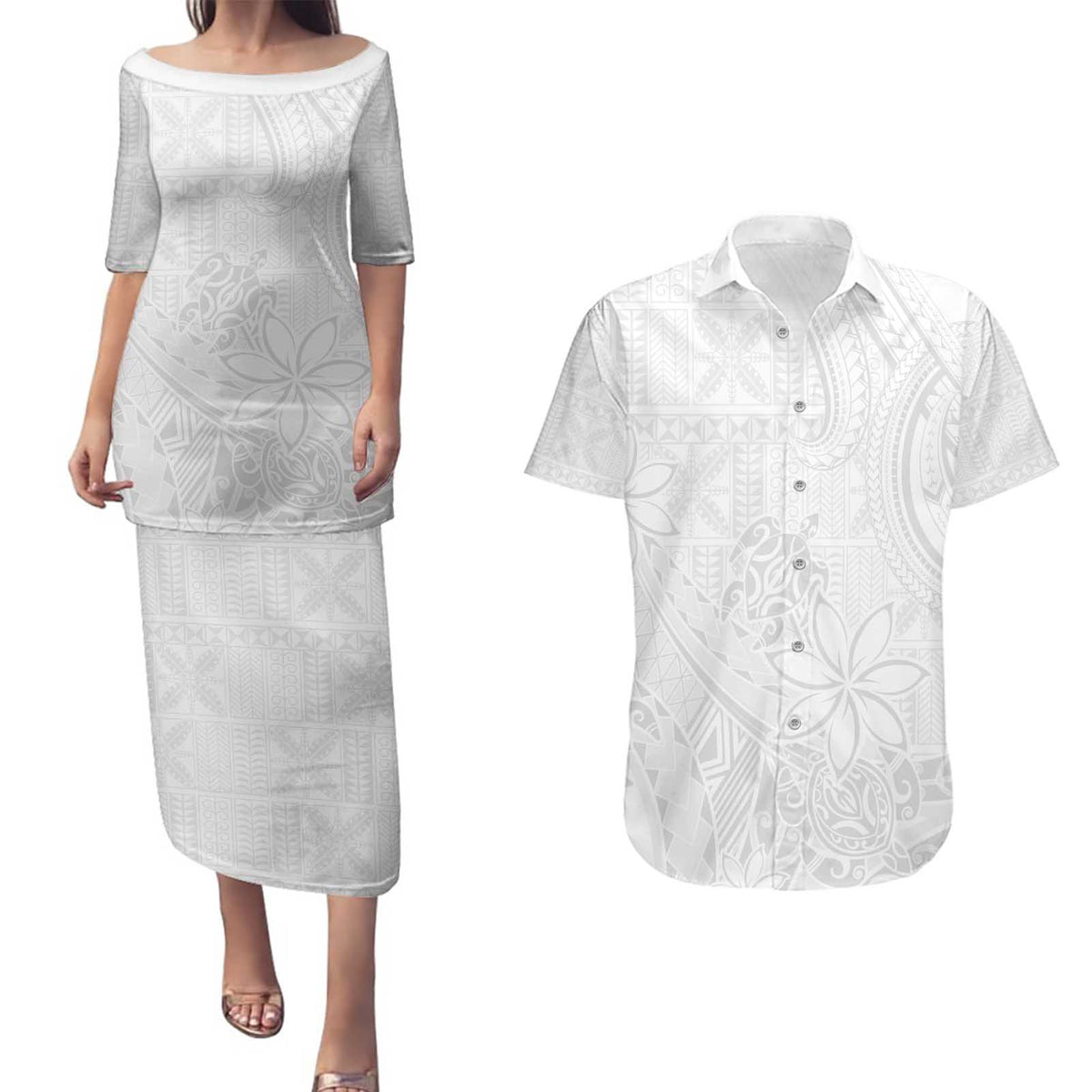 Tapu Fanau Ia Niue Couples Matching Puletasi and Hawaiian Shirt Happy White Sunday Unique Hiapo - Polynesian Pride