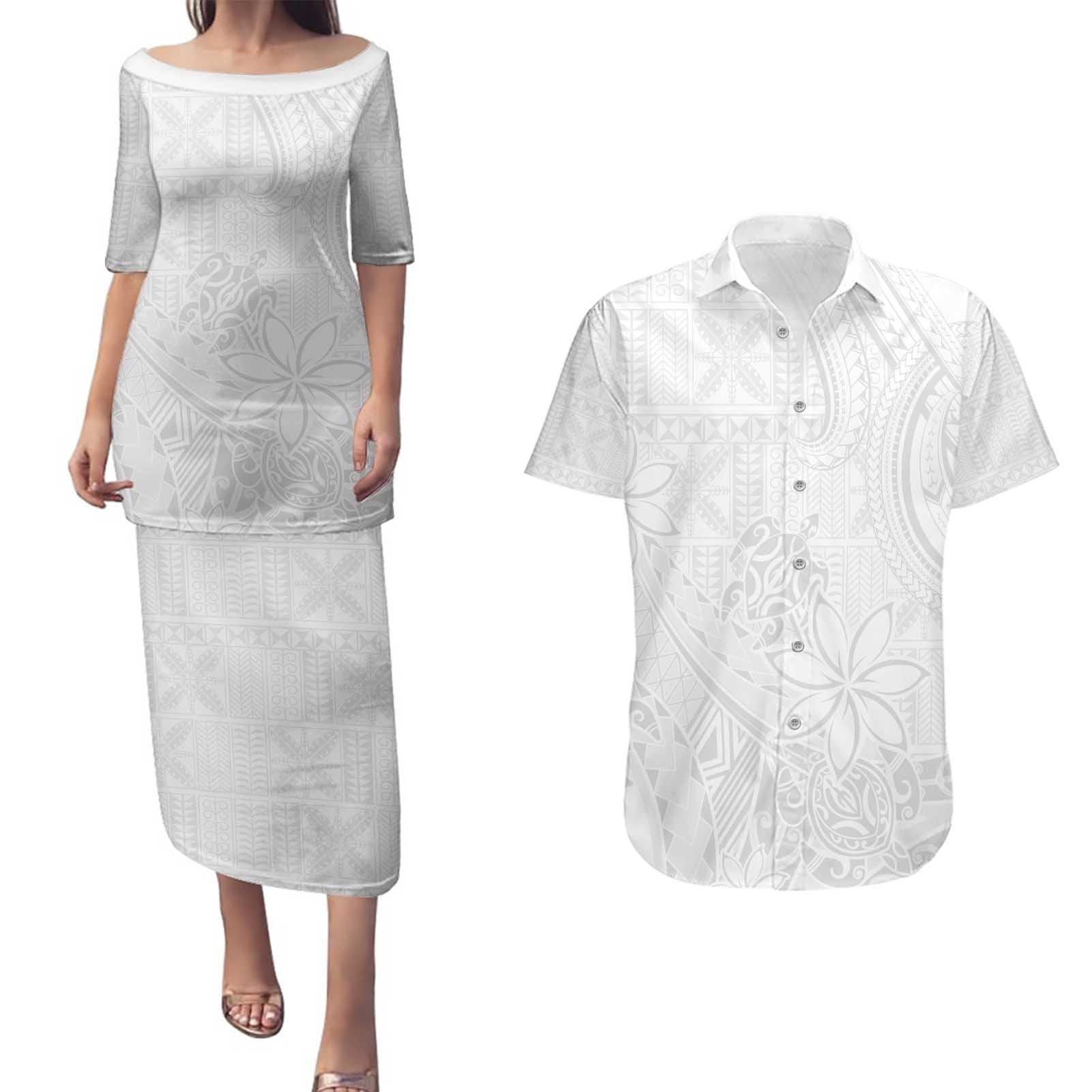 Tapu Fanau Ia Niue Couples Matching Puletasi and Hawaiian Shirt Happy White Sunday Unique Hiapo - Polynesian Pride