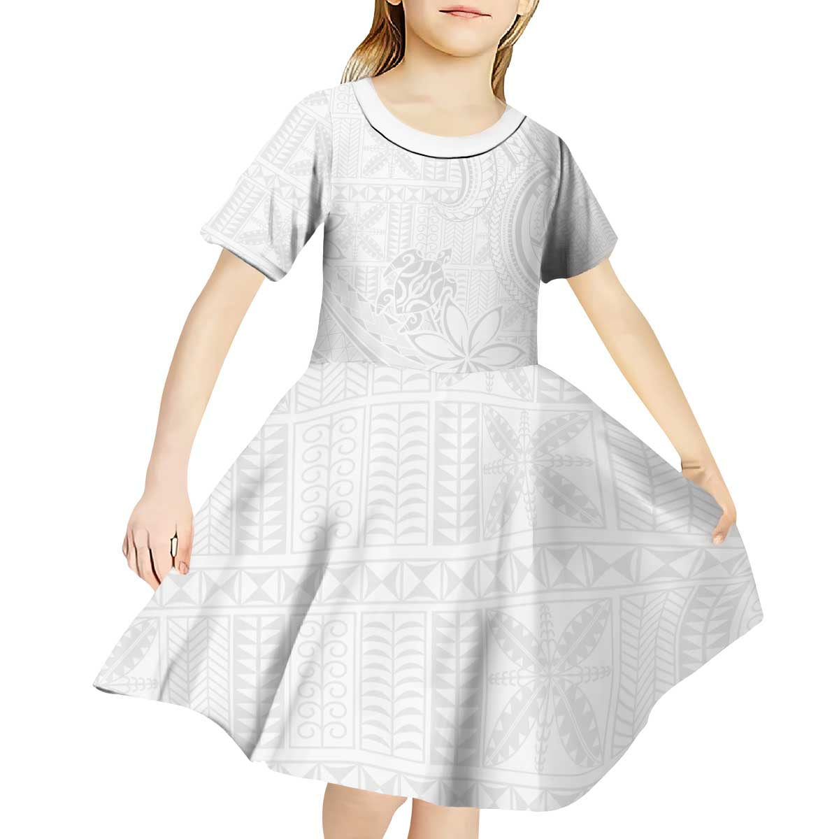 Tapu Fanau Ia Niue Kid Short Sleeve Dress Happy White Sunday Unique Hiapo - Polynesian Pride
