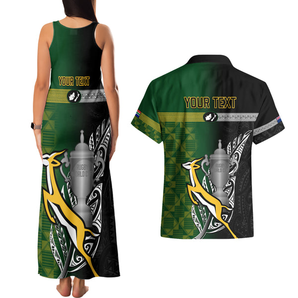 Personalised New Zealand Rugby Couples Matching Off The Shoulder Long Sleeve Dress and Long Sleeve Button Shirts Aotearoa Ka Mate Haka All Black Mix Ta Moko Green Style LT9