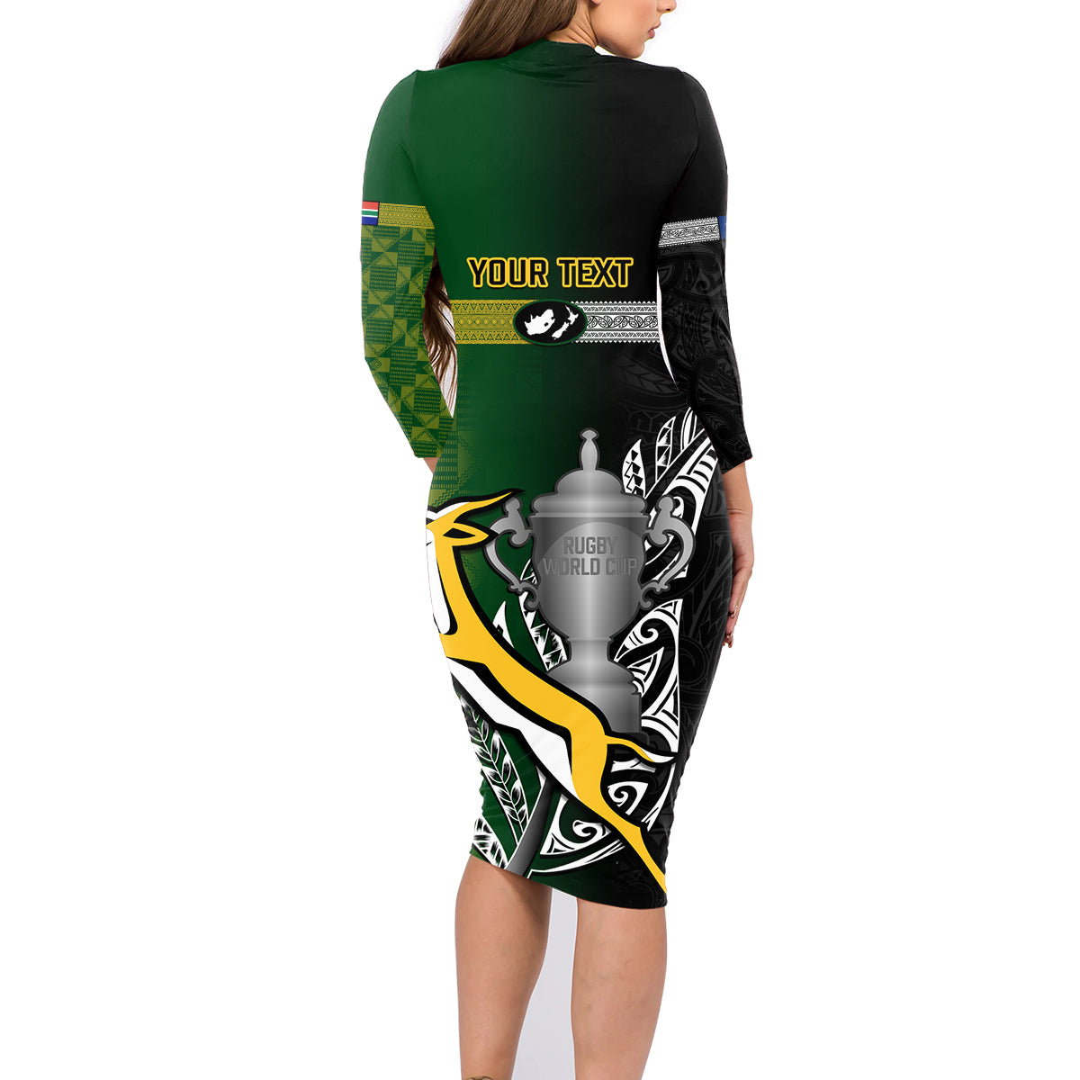 Personalised New Zealand and South Africa Rugby Family Matching Long Sleeve Bodycon Dress and Hawaiian Shirt 2023 World Cup Final All Black Springboks Together LT14 - Polynesian Pride