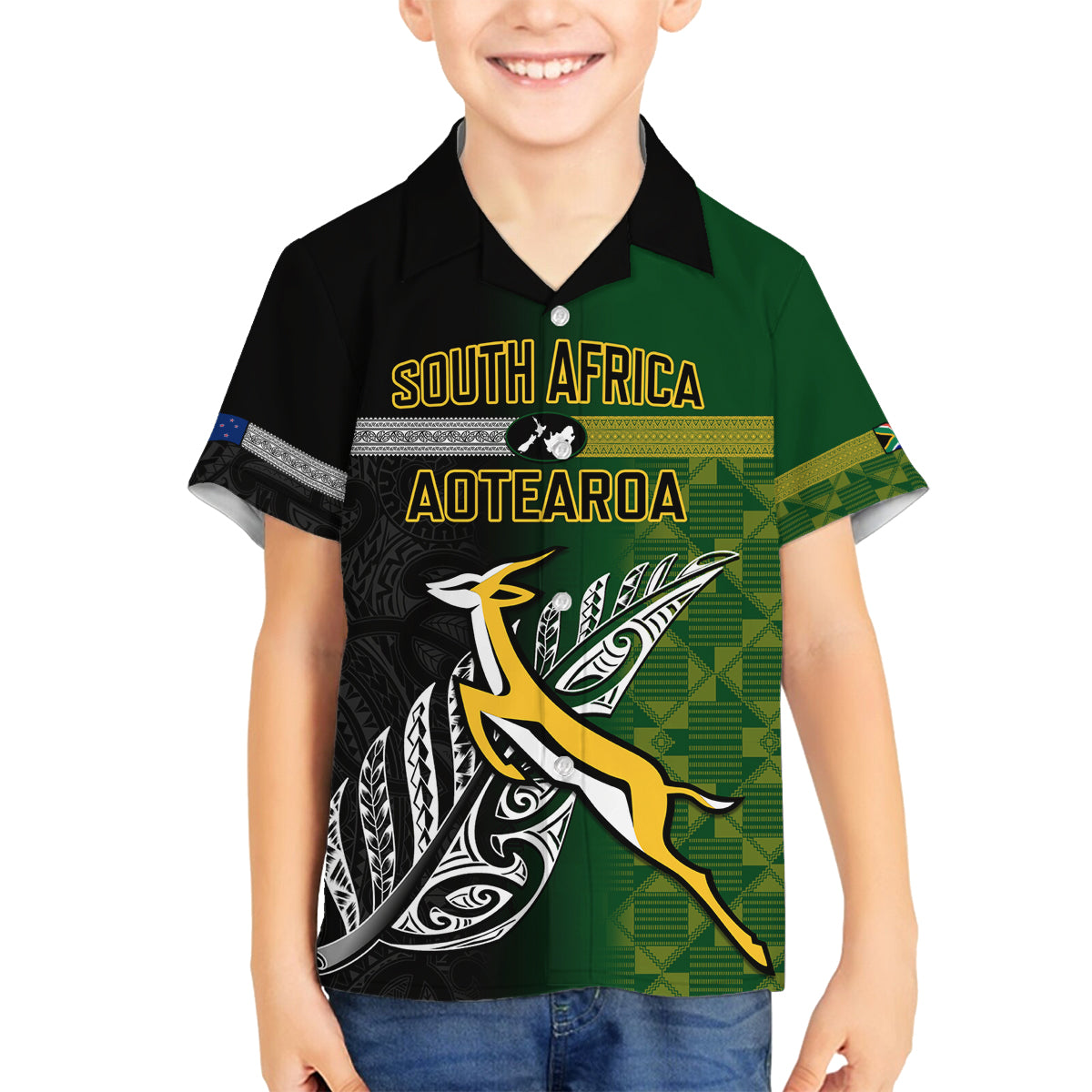 Personalised New Zealand and South Africa Rugby Family Matching Long Sleeve Bodycon Dress and Hawaiian Shirt 2023 World Cup Final All Black Springboks Together LT14 Son's Shirt Black - Polynesian Pride
