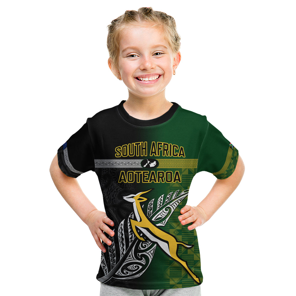 Personalised New Zealand and South Africa Rugby Kid T Shirt 2023 World Cup Final All Black Springboks Together LT14 Black - Polynesian Pride