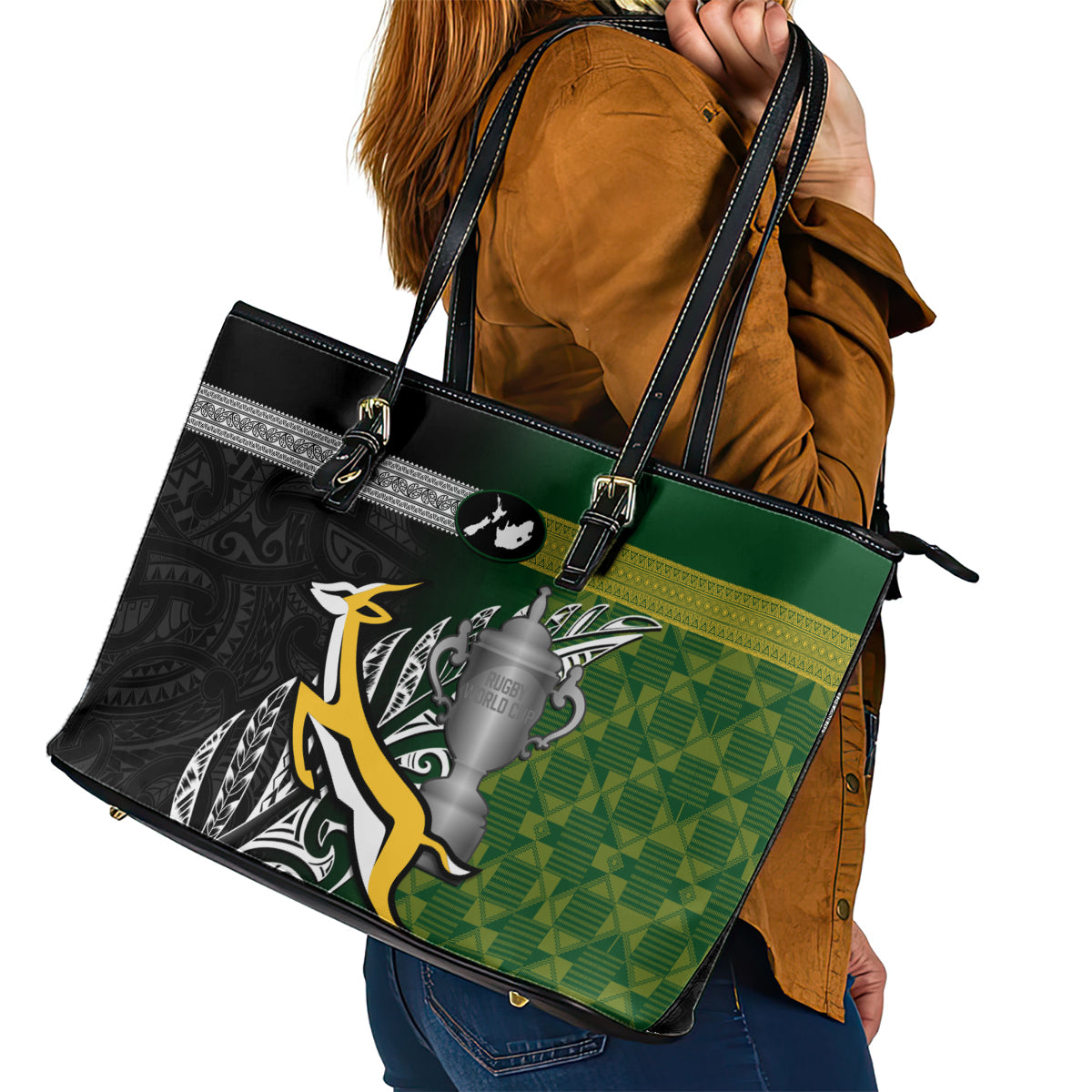 New Zealand and South Africa Rugby Leather Tote Bag 2023 World Cup Final All Black Springboks Together LT14 - Polynesian Pride