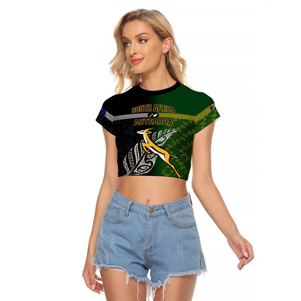 Personalised New Zealand and South Africa Rugby Raglan Cropped T Shirt 2023 World Cup Final All Black Springboks Together LT14 Female Black - Polynesian Pride
