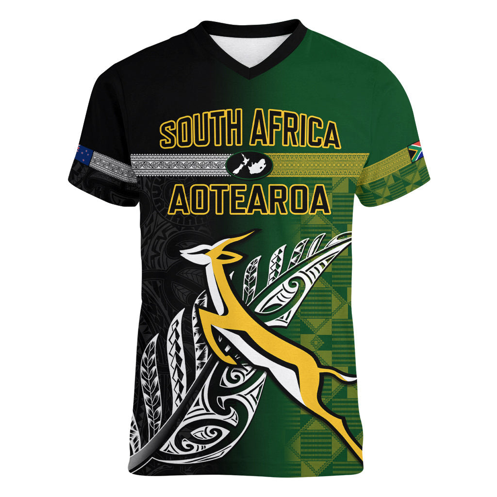 Personalised New Zealand and South Africa Rugby Women V Neck T Shirt 2023 World Cup Final All Black Springboks Together LT14 Female Black - Polynesian Pride