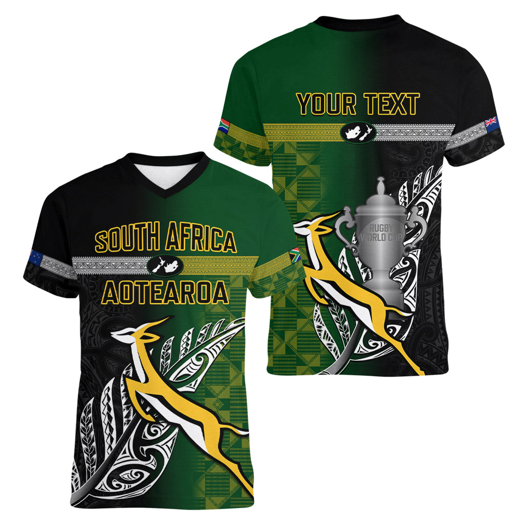 Personalised New Zealand and South Africa Rugby Women V Neck T Shirt 2023 World Cup Final All Black Springboks Together LT14 - Polynesian Pride