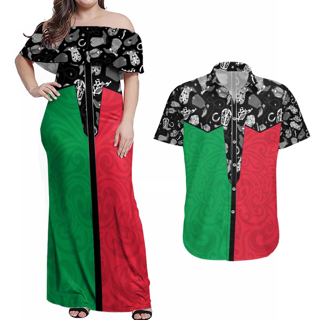 Vanuatu Cowboy Couples Matching Off Shoulder Maxi Dress and Hawaiian Shirt Cowboy Symbols Split Stylized - Polynesian Pride