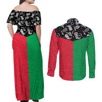 Vanuatu Cowboy Couples Matching Off Shoulder Maxi Dress and Long Sleeve Button Shirt Cowboy Symbols Split Stylized - Polynesian Pride