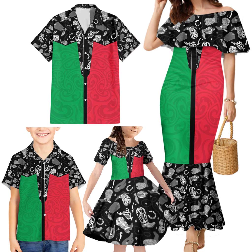 Vanuatu Cowboy Family Matching Mermaid Dress and Hawaiian Shirt Cowboy Symbols Split Stylized - Polynesian Pride