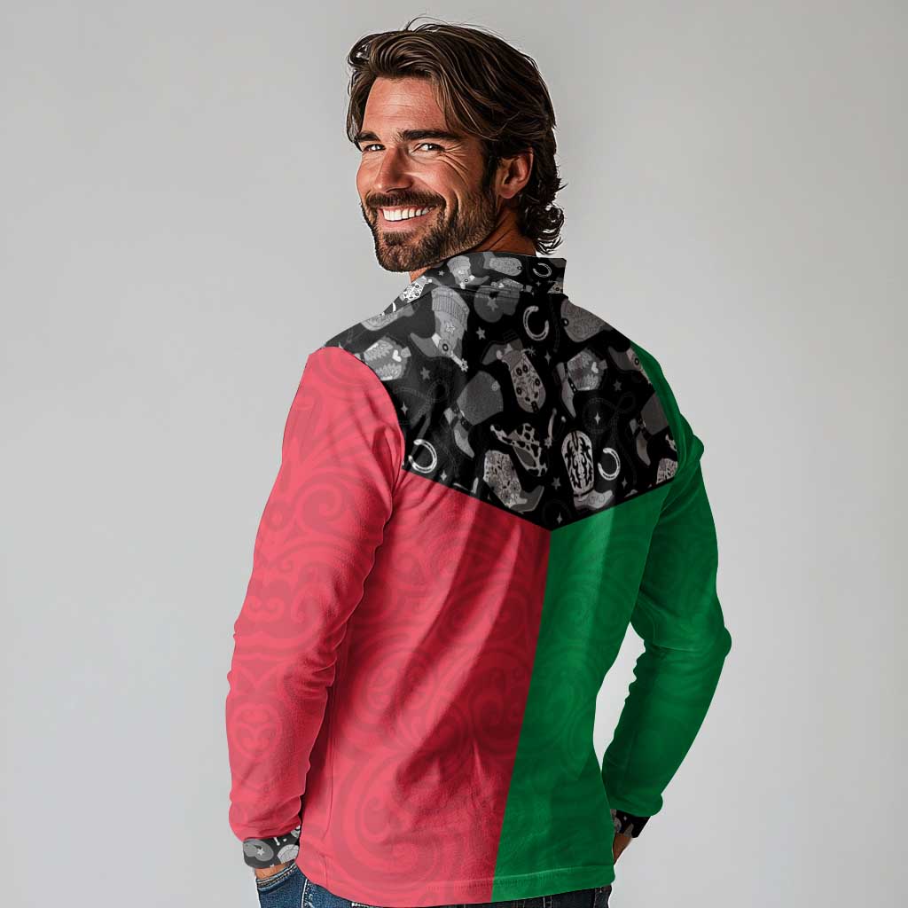 Vanuatu Cowboy Long Sleeve Polo Shirt Cowboy Symbols Split Stylized - Polynesian Pride