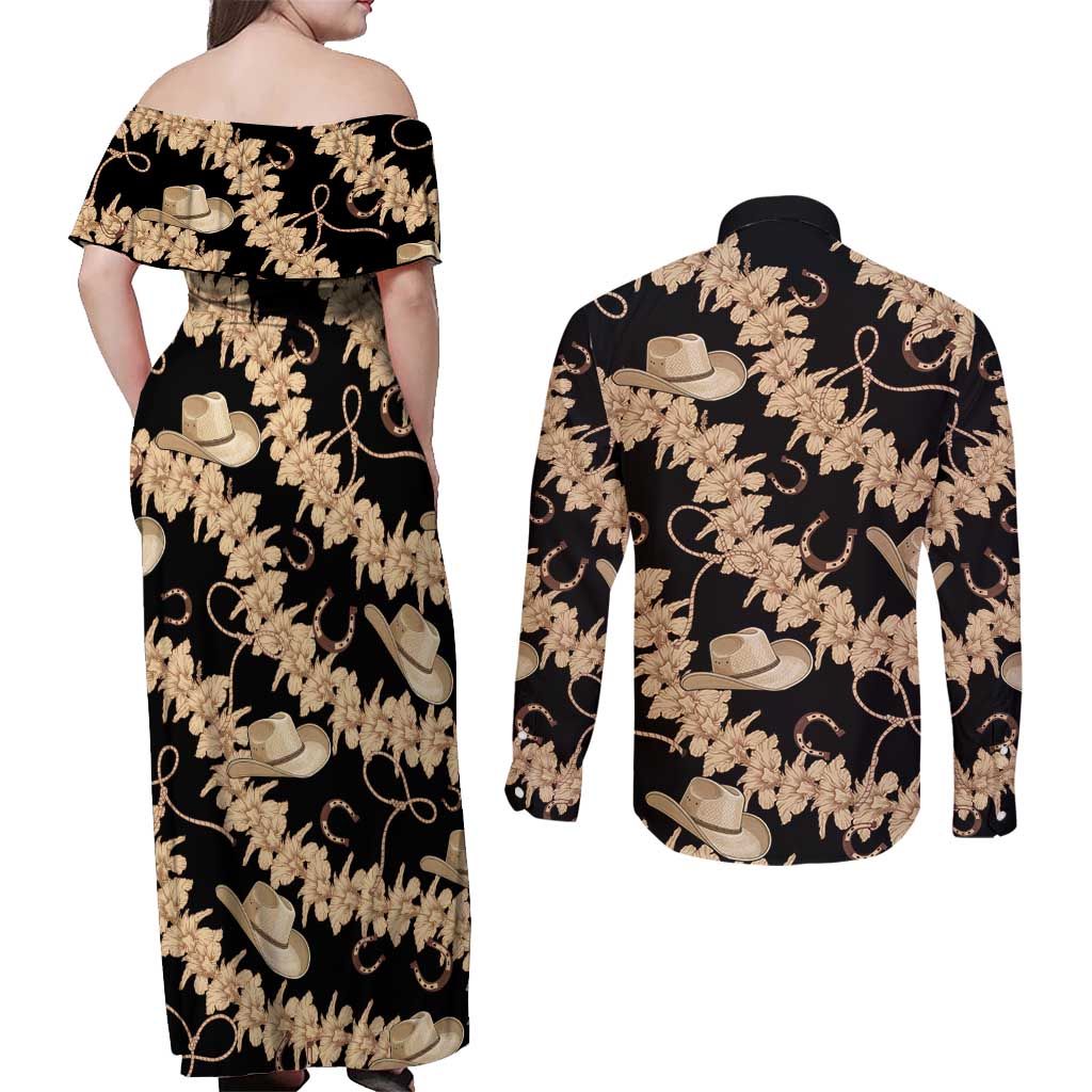 Vanuatu Cowboy Couples Matching Off Shoulder Maxi Dress and Long Sleeve Button Shirt Seamless Straw Hats Hibiscus - Polynesian Pride