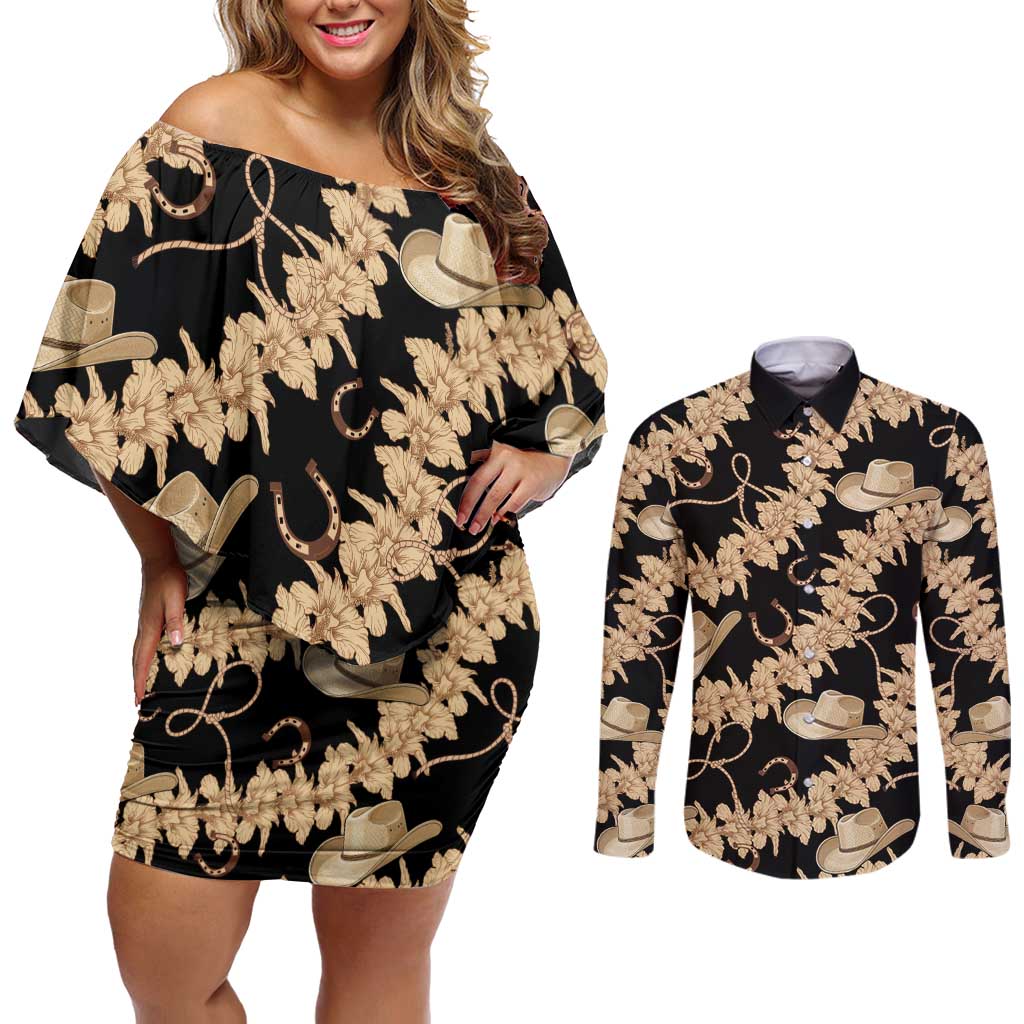 Vanuatu Cowboy Couples Matching Off Shoulder Short Dress and Long Sleeve Button Shirt Seamless Straw Hats Hibiscus - Polynesian Pride