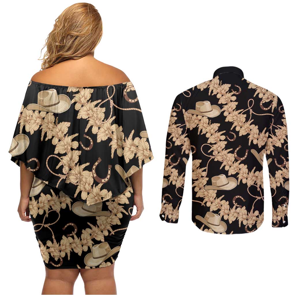 Vanuatu Cowboy Couples Matching Off Shoulder Short Dress and Long Sleeve Button Shirt Seamless Straw Hats Hibiscus - Polynesian Pride