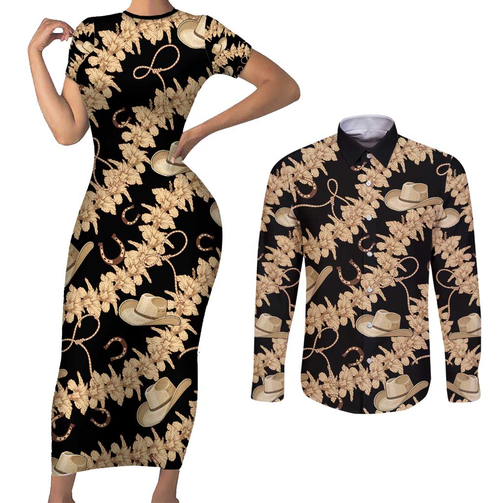 Vanuatu Cowboy Couples Matching Short Sleeve Bodycon Dress and Long Sleeve Button Shirt Seamless Straw Hats Hibiscus - Polynesian Pride