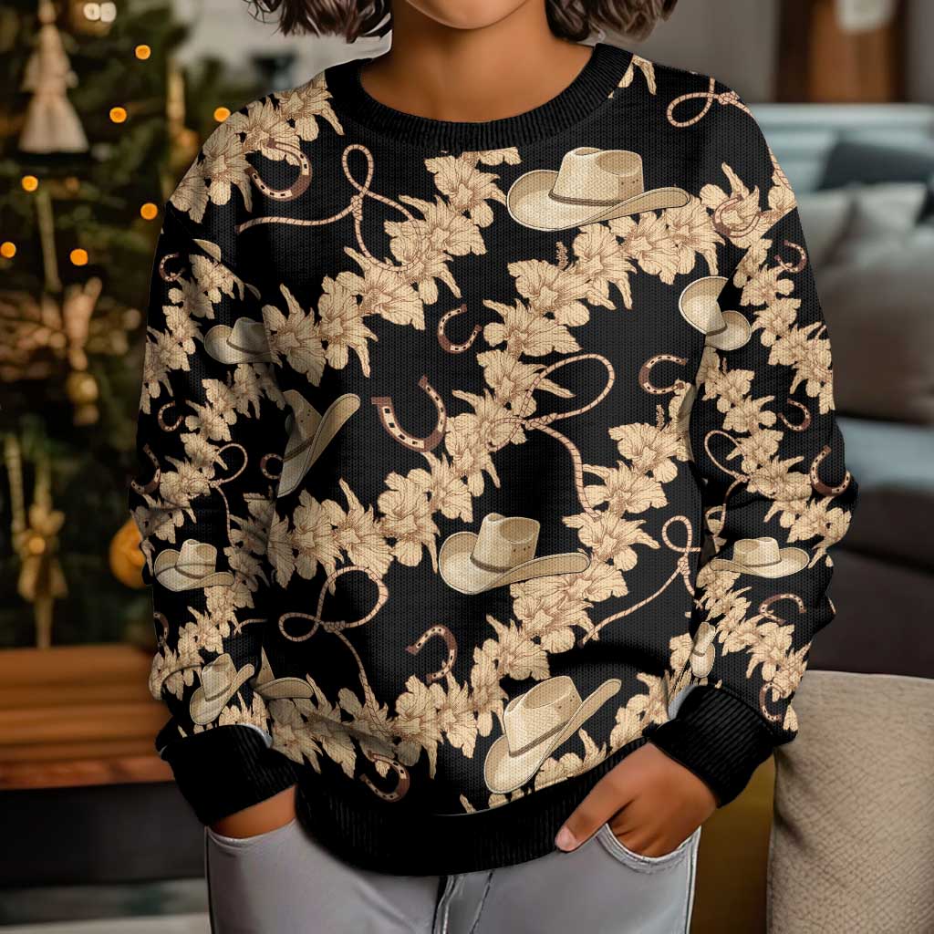 Vanuatu Cowboy Kid Ugly Christmas Sweater Seamless Straw Hats Hibiscus - Polynesian Pride