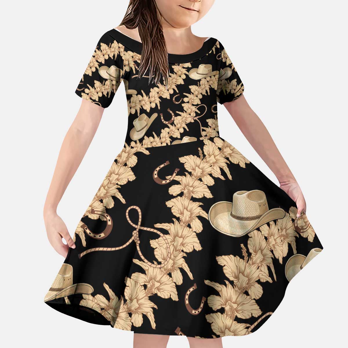 Vanuatu Cowboy Kid Short Sleeve Dress Seamless Straw Hats Hibiscus - Polynesian Pride