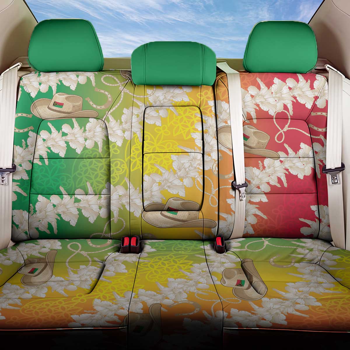 Vanuatu Cowboy Back Car Seat Cover Straw Hats Hibiscus With Sand Drawing - Polynesian Pride