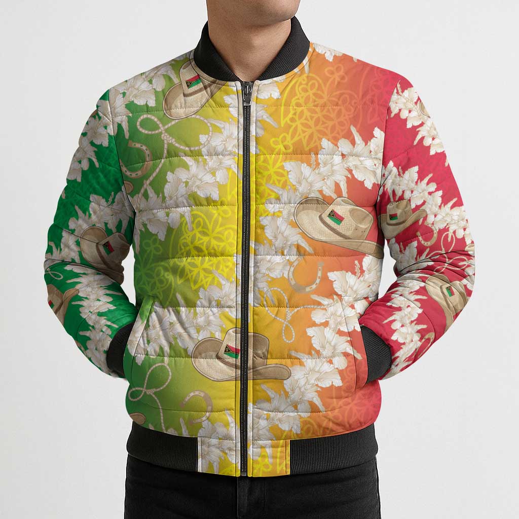 Vanuatu Cowboy Bomber Puffer Jacket Straw Hats Hibiscus With Sand Drawing - Polynesian Pride