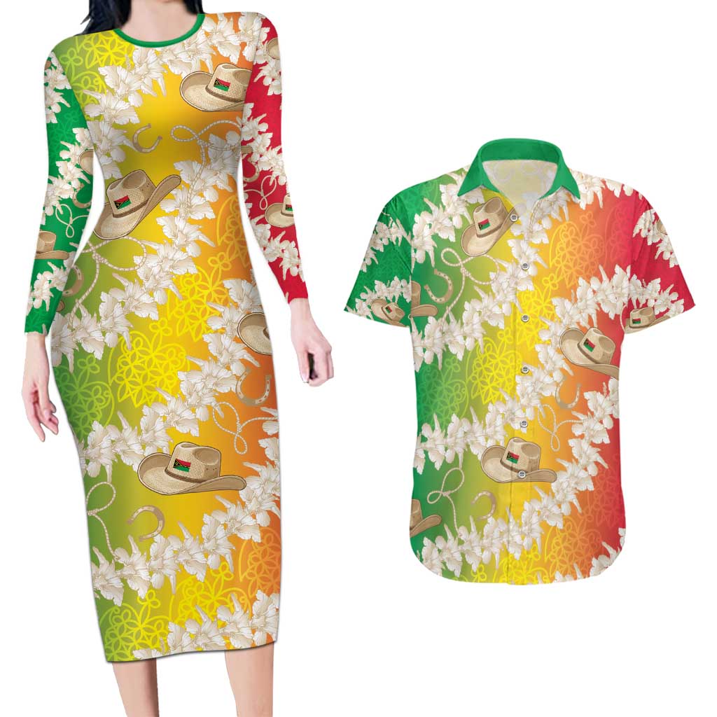 Vanuatu Cowboy Couples Matching Long Sleeve Bodycon Dress and Hawaiian Shirt Straw Hats Hibiscus With Sand Drawing - Polynesian Pride