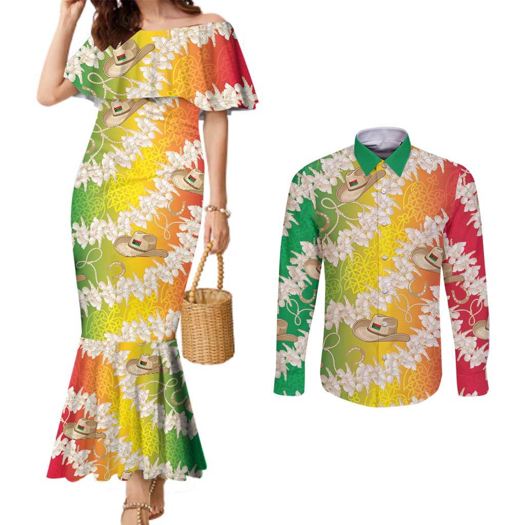 Vanuatu Cowboy Couples Matching Mermaid Dress and Long Sleeve Button Shirt Straw Hats Hibiscus With Sand Drawing - Polynesian Pride