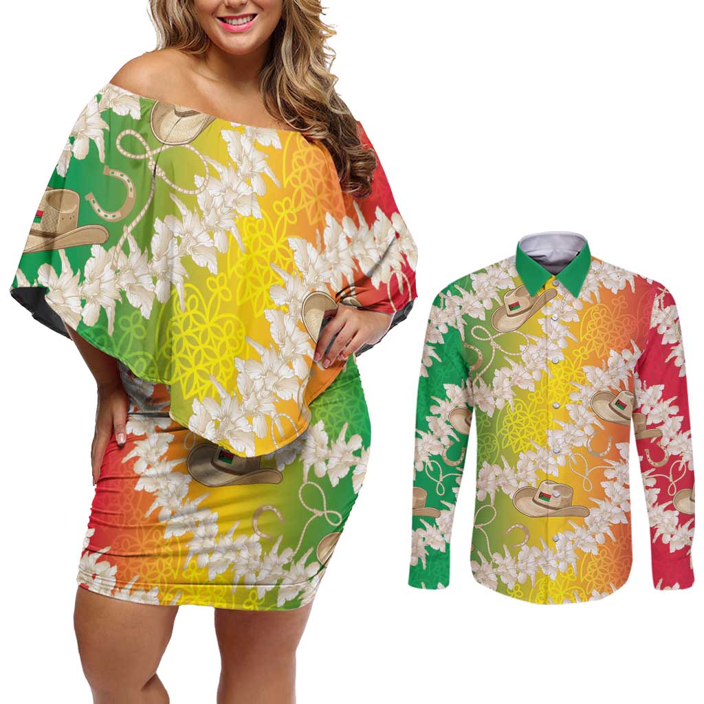 Vanuatu Cowboy Couples Matching Off Shoulder Short Dress and Long Sleeve Button Shirt Straw Hats Hibiscus With Sand Drawing - Polynesian Pride